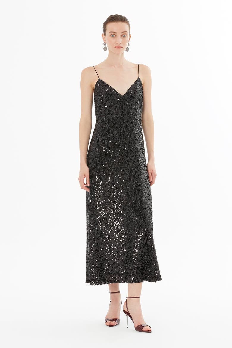 Sleek Satin V-Neck Spaghetti Strap Dress, Alternate, color, Black