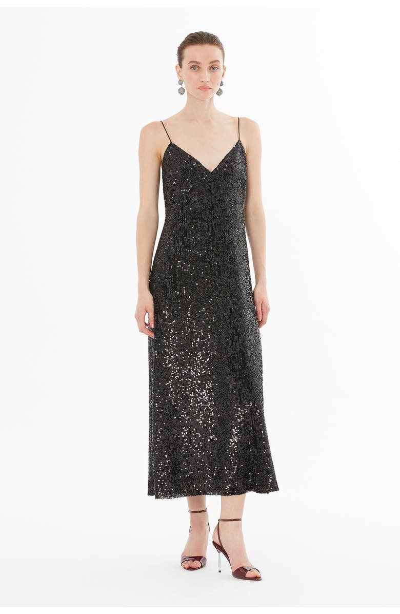 Gizia Spaghetti Strap V-Neck Satin Dress, Alternate, color, Black