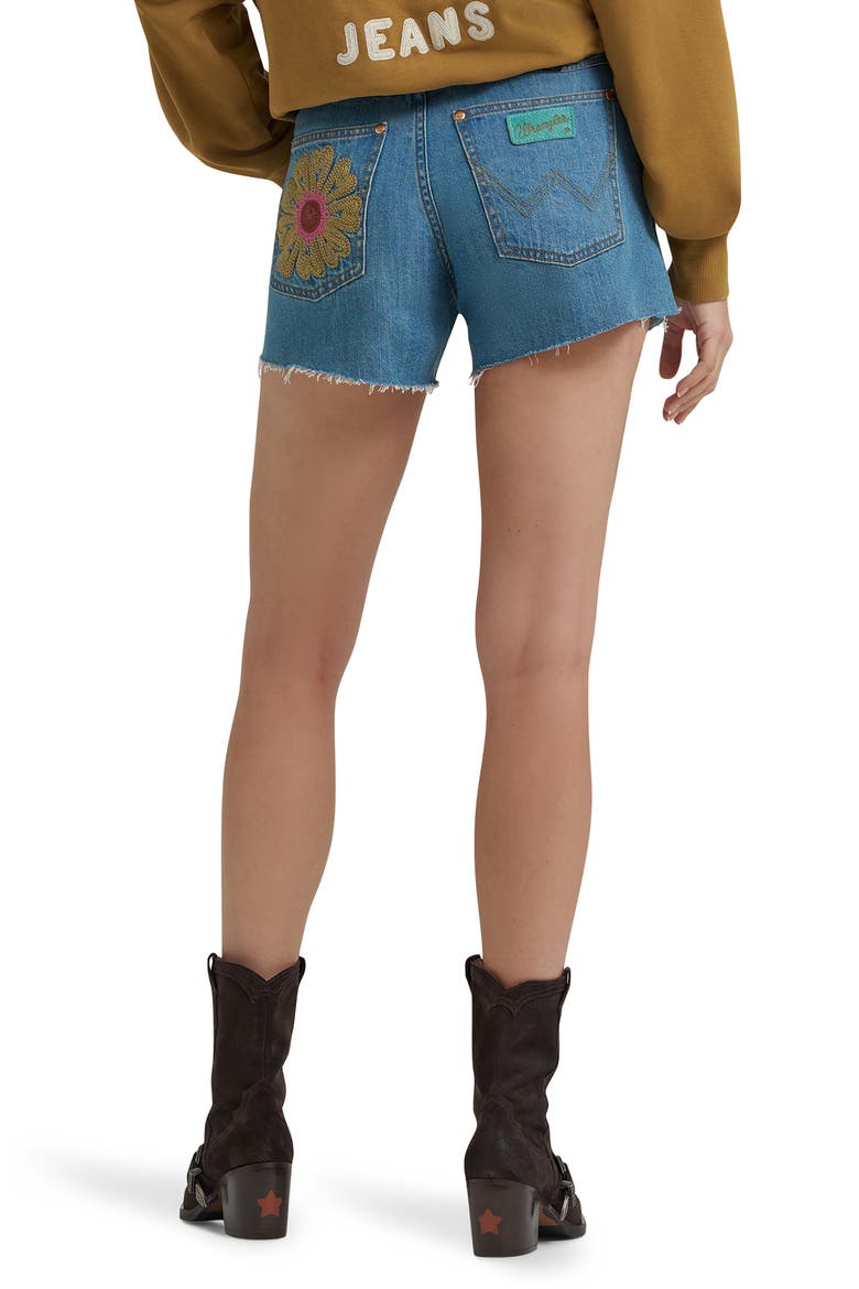 x Lainey Wilson Embroidered Cowboy Denim Cutoff Shorts, Alternate, color, DENIM