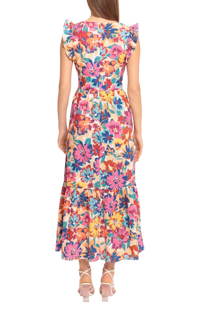 V-Neck Ruffle Sleeve Floral Print Stretch Cotton Maxi Dress, Alternate, color, SOFT WHITE/ HOT PINK