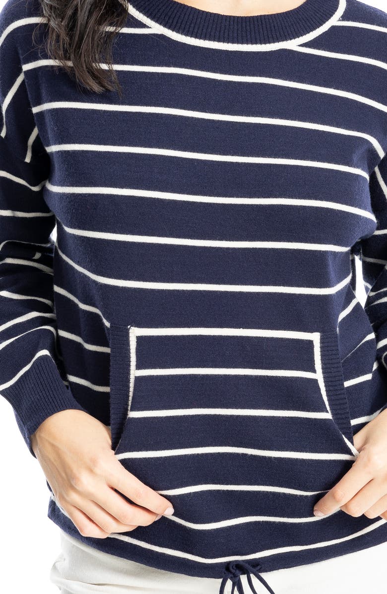MAX STUDIO Drawstring Hem Pullover Sweater, Alternate, color, Dark Navy/ Off White Stripe