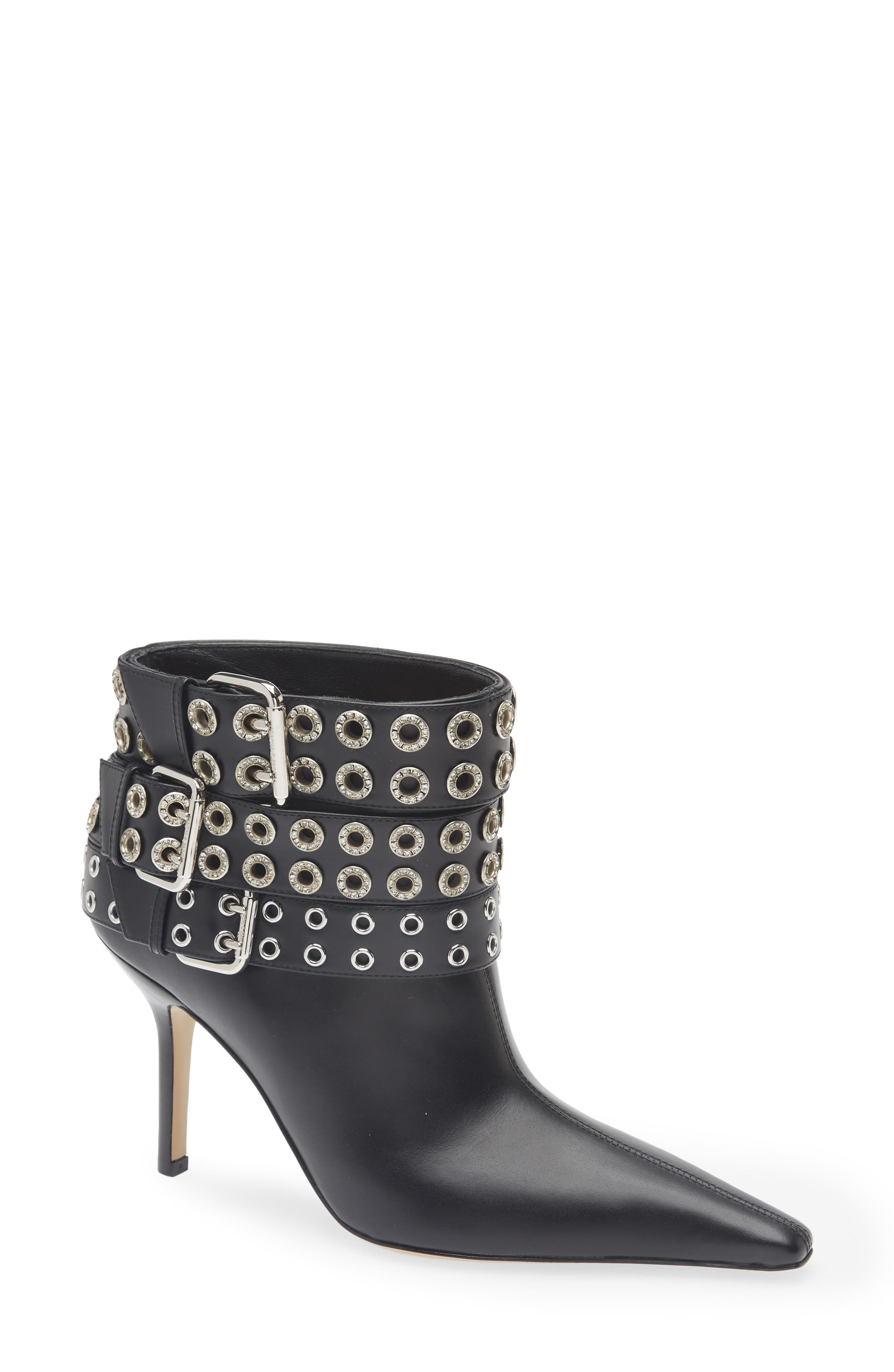 Mach & Mach Grommet Buckle Belt Bootie, Main, color, Black