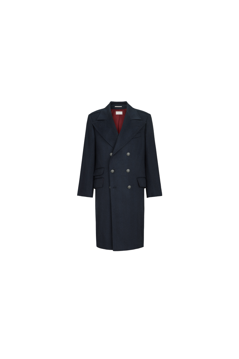 Cashmere chevron flannel one-and-a half breasted coat with peak lapels and metal buttons, Alternate, color, Navy Blue