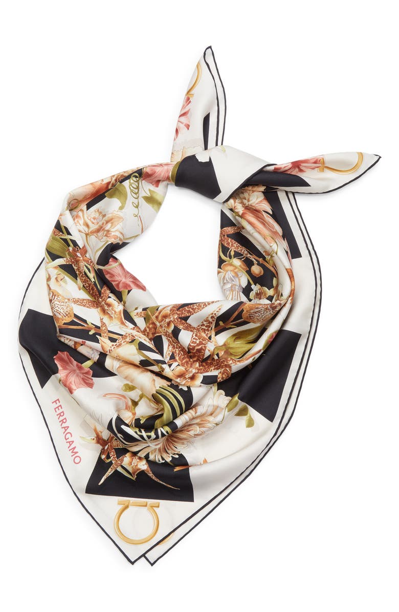 FERRAGAMO Gaia Floral Silk Square Scarf, Alternate, color, Black/Ivory