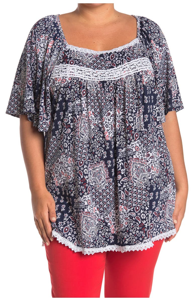 STEM AND VINE Printed Lace Square Neck Top, Main, color, 