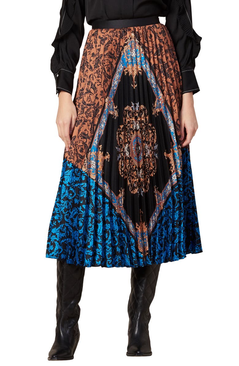 SANDRO Ivona Mix Scarf Print Pleated Skirt, Main, color, 