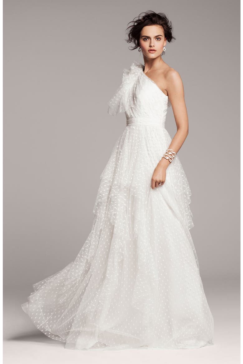 Dotted Tulle One Shoulder Gown, Alternate, color, IVORY