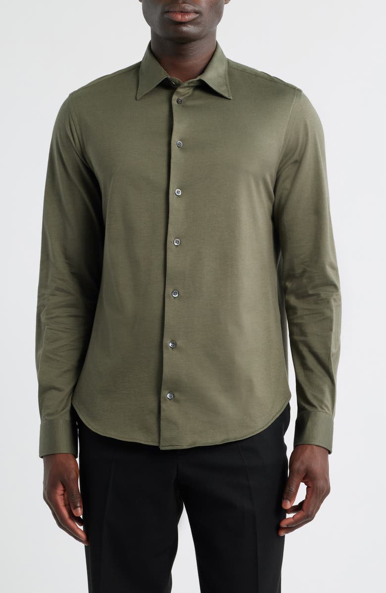 Emporio Armani Solid Cotton Piqué Button-Up Shirt, Main, color, Solid Medium Green