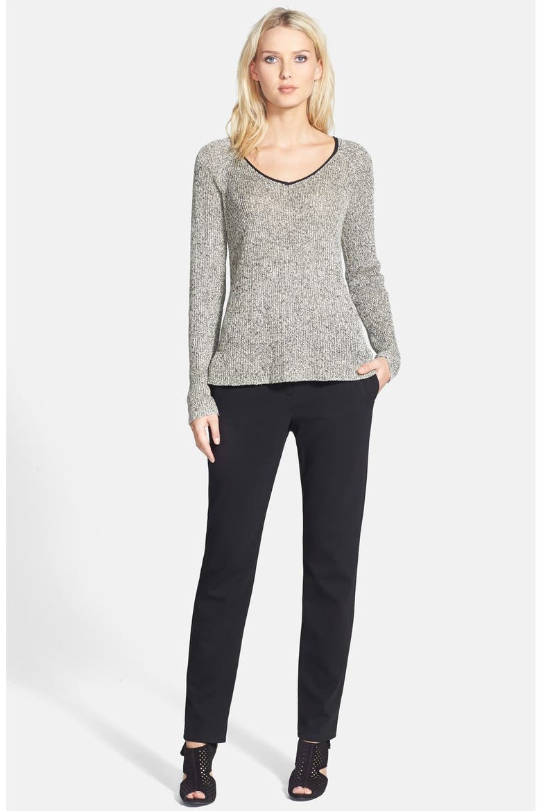 Organic Linen & Wool V-Neck Sweater, Alternate, color, BLACK/ NATURAL