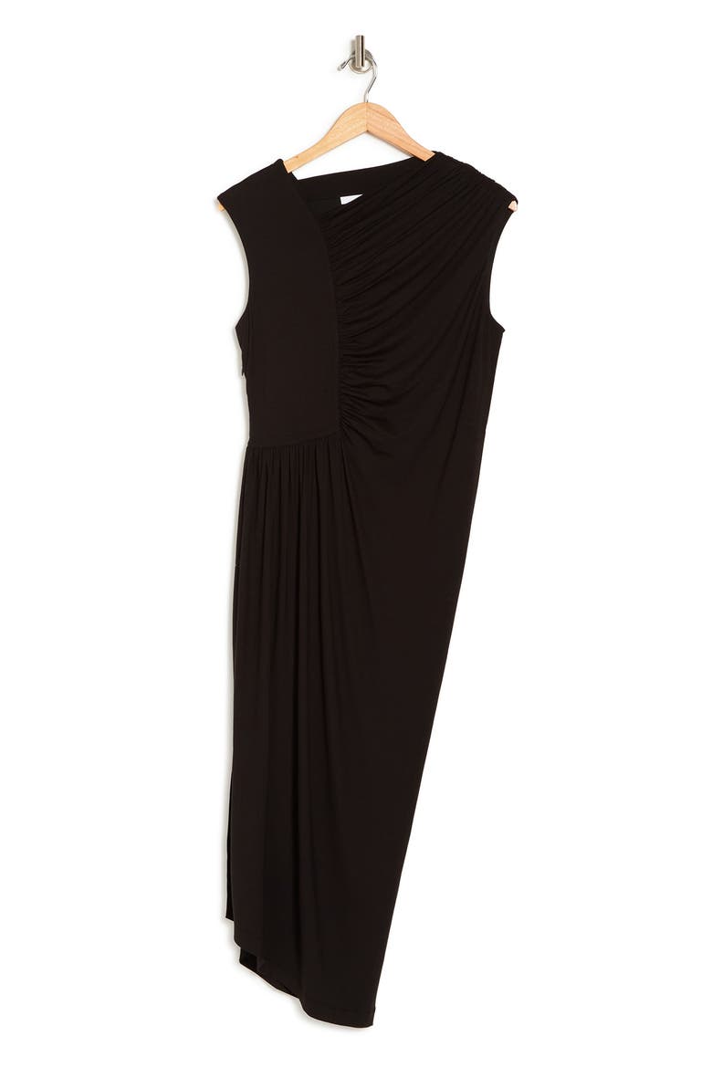 HUGO BOSS Asymmetrical Ruched Sleeveless Midi Dress, Alternate, color, BLK