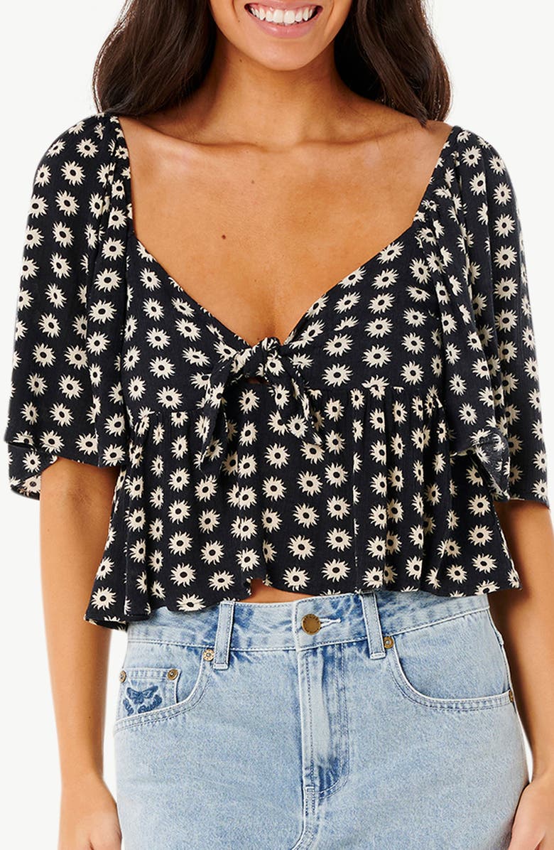 Rip Curl Cala Nights Print Flutter Sleeve Top, Main, color, Black
