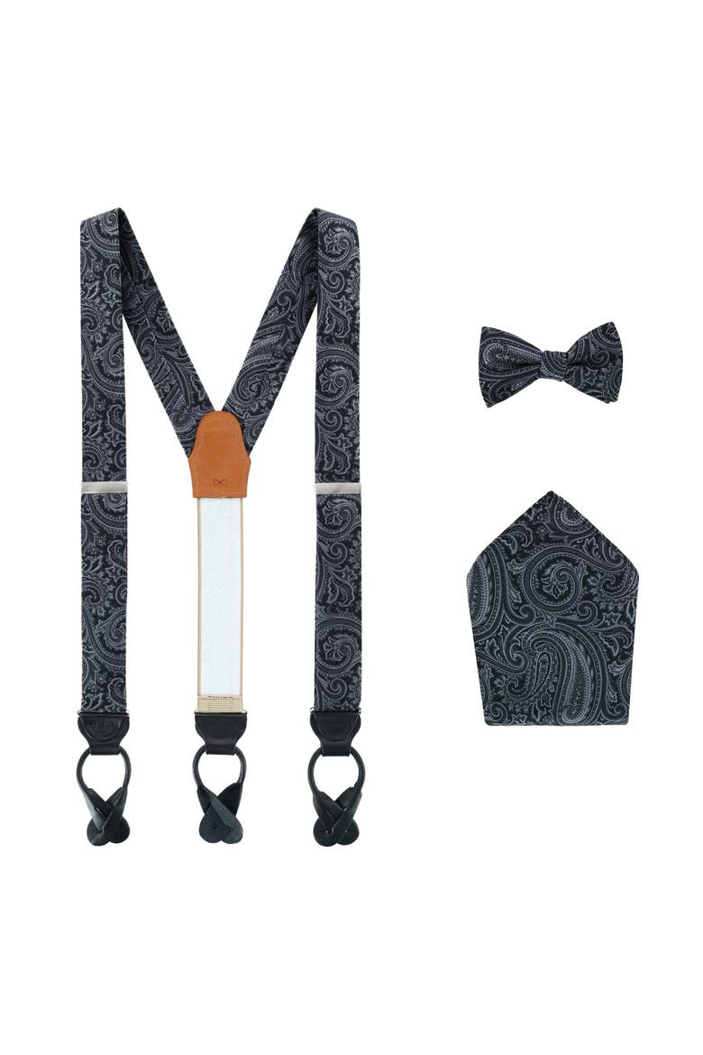 Sobee Paisley Brace Bow Tie & Pocket Square Set, Main, color, Black