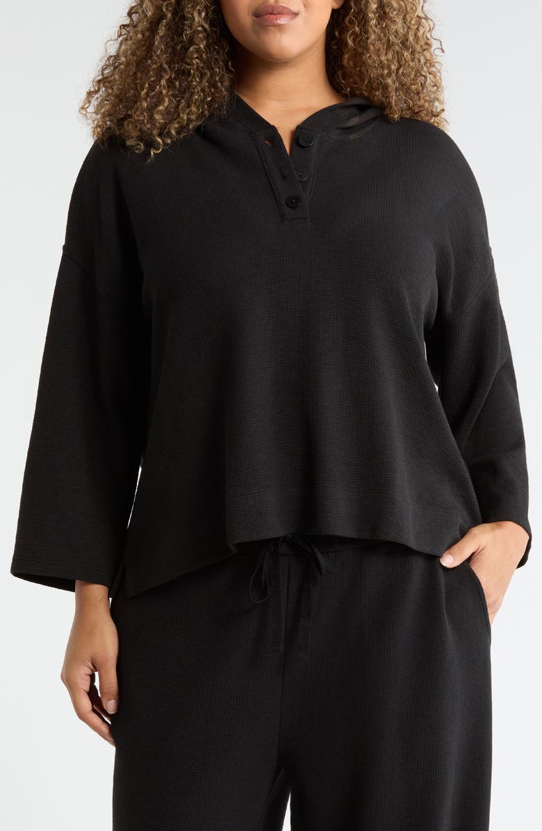 Eileen Fisher Hooded Cotton Blend Thermal Knit Top, Main, color, Black