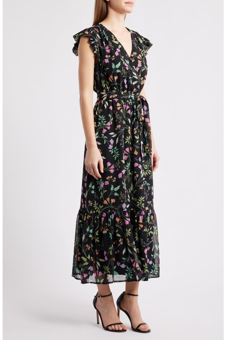 Floral Print Flutter Sleeve Maxi Dress, Alternate, color, BLACK MULTI