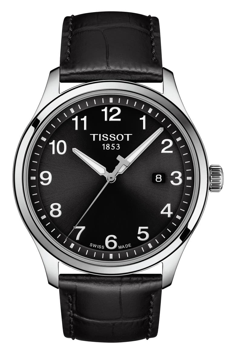 Gent XL Classic Leather Strap Watch, 42mm, Main, color, BLACK/ SILVER
