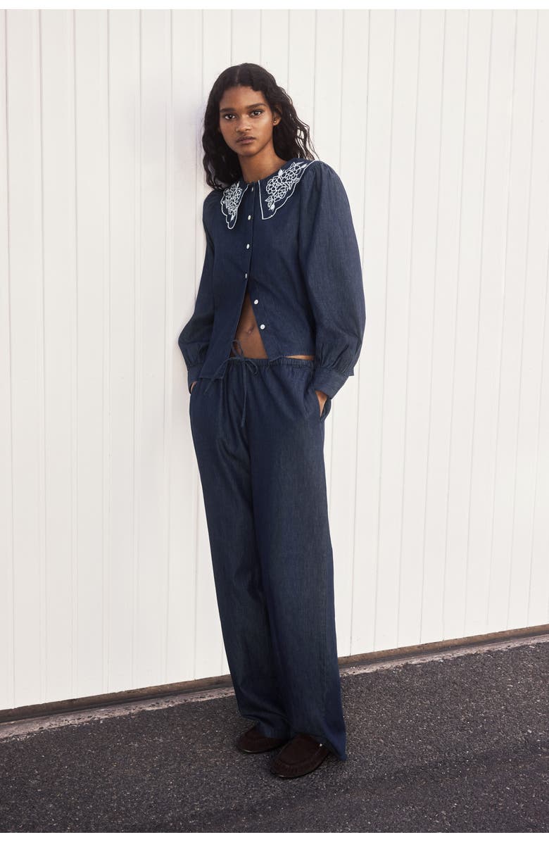 H&M Denim Drawstring Trousers, Alternate, color, Dark Denim Blue