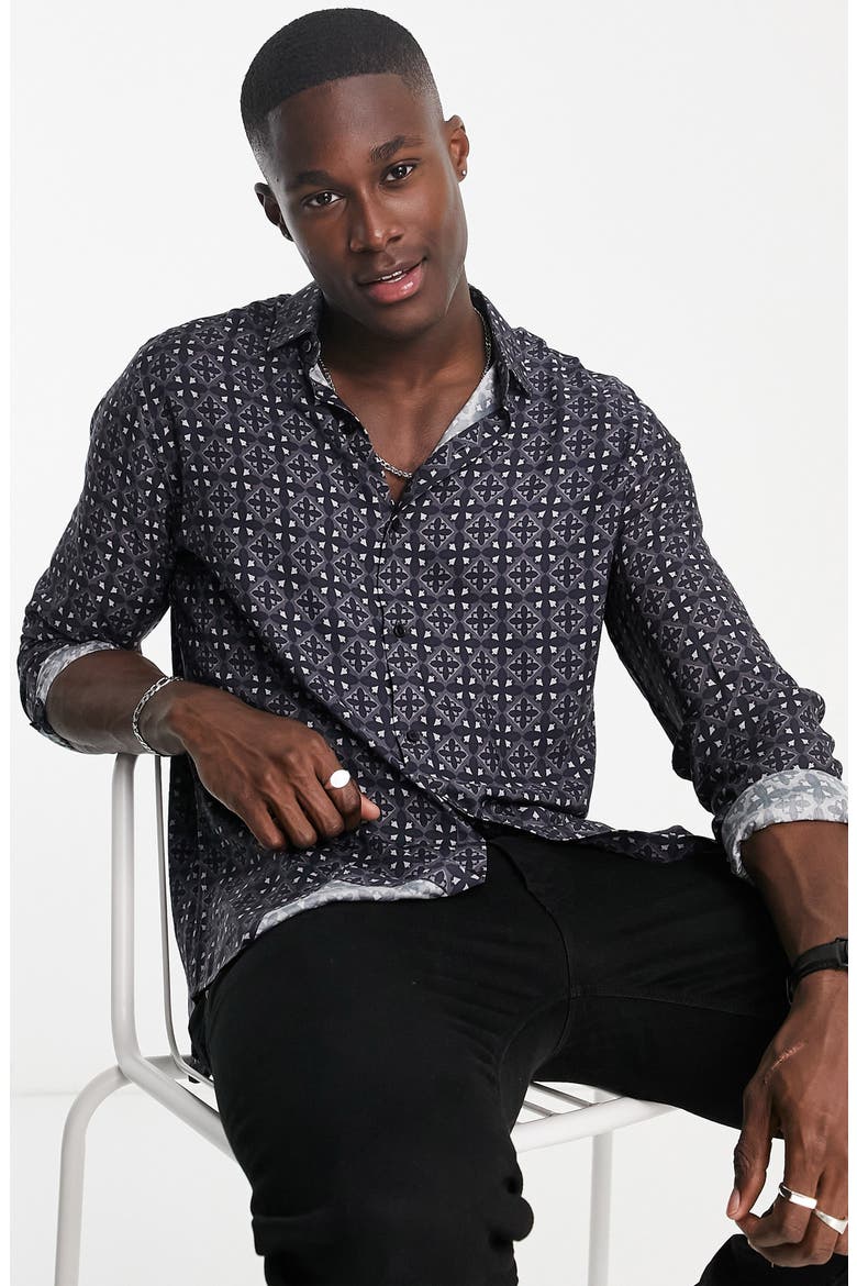 Men's Geo Tile Print Button-Up Shirt, Alternate, color, BLACK