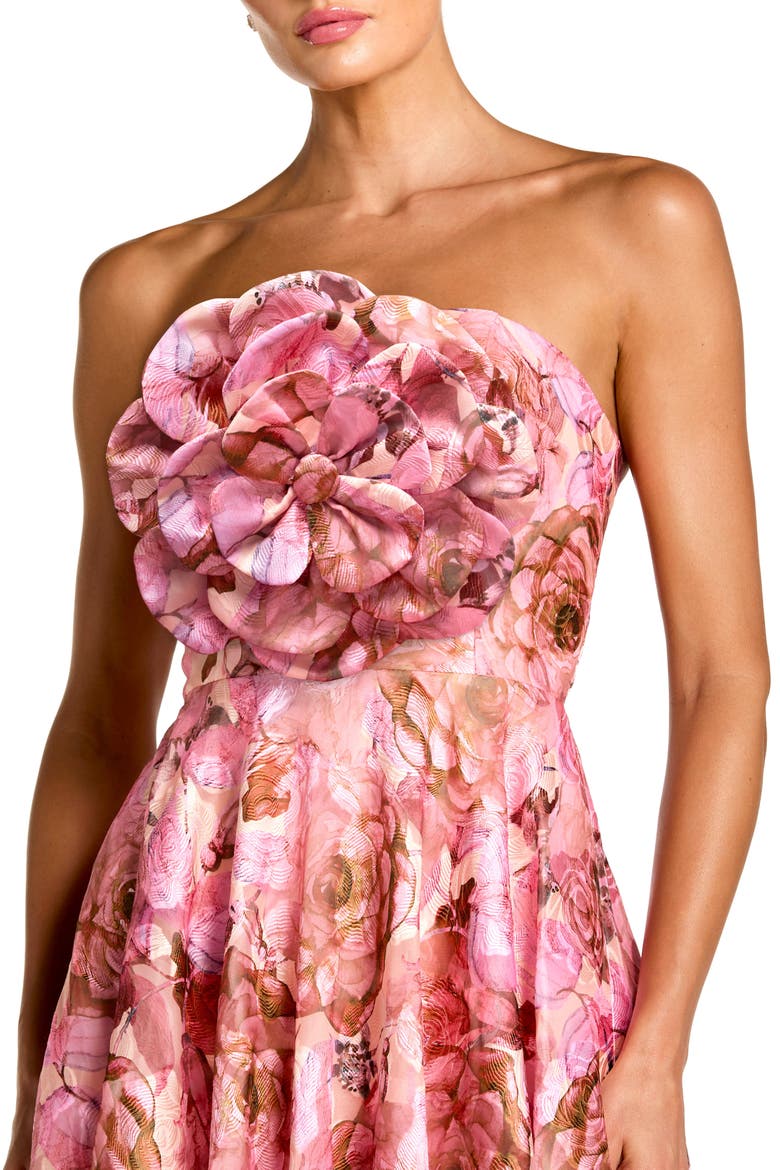 Strapless Floral Printed A-Line Gown With 3D Flower, Alternate, color, Rose Multi
