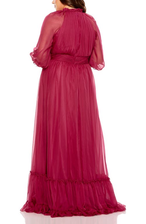 Mac Duggal High-neck Chiffon Dress With Puff Sleeves And Ruffle Tiered Skirt In Red