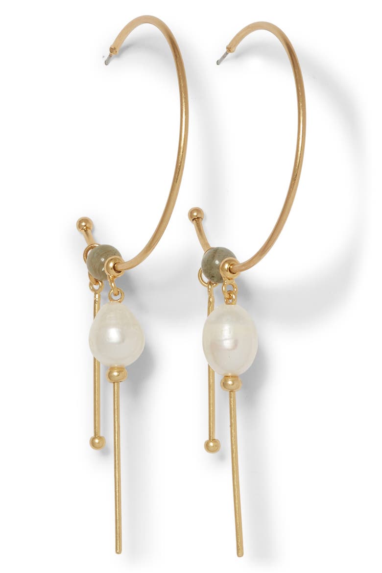 Charm Hoop Freshwater Pearl Earrings, Main, color, 12K SOFT POL GLD/LAB/IVRY PRL