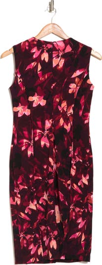 【   】Printed Jewel-Neck Sheath Dress Ignite Evenings Floral Print Short Cape Sleeve Chiffon