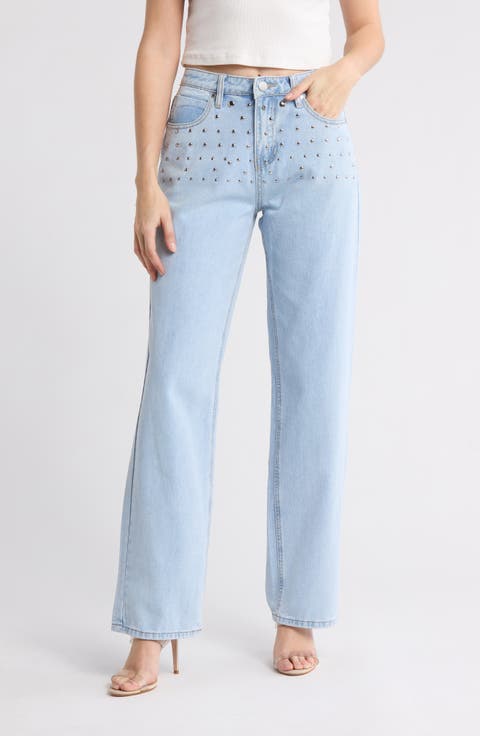 Studded High Waist Straight Leg Jeans