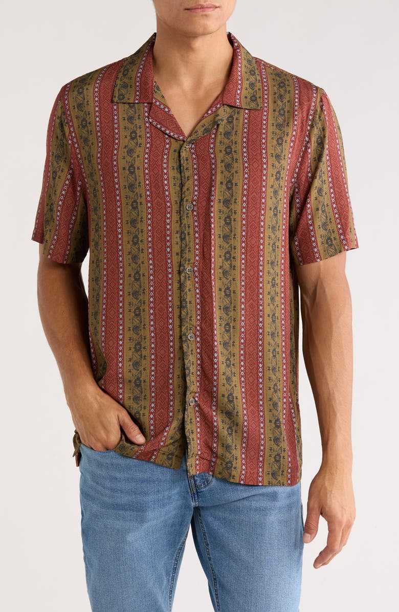 INDUSTRY REPUBLIC CLOTHING Geometric Print Camp Shirt, Main, color, Maroon Taupe Combo