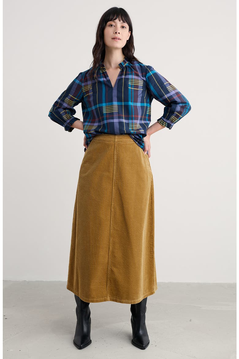 Aggie Ruffle Plaid Split Neck Shirt, Alternate, color, CHERRY TREE TEAL