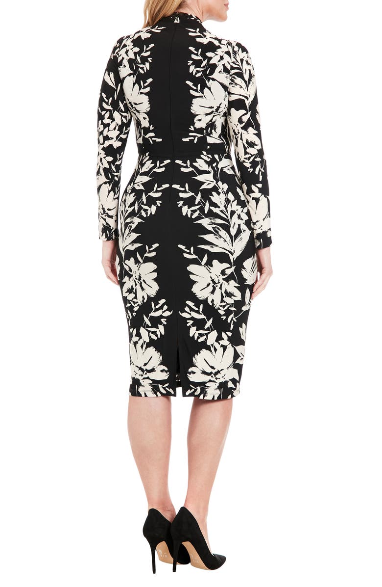 London Times Floral Crisscross Neck Long Sleeve Midi Dress, Alternate, color, Black/ Cream
