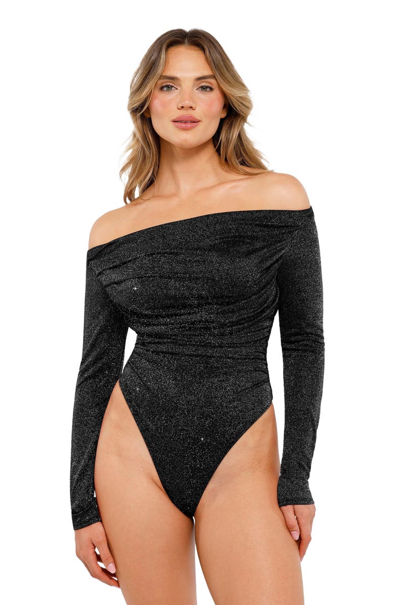 Popilush Shapewear Metallic Knit Long Sleeve Slimming Bodysuit, Main, color, Jet Black