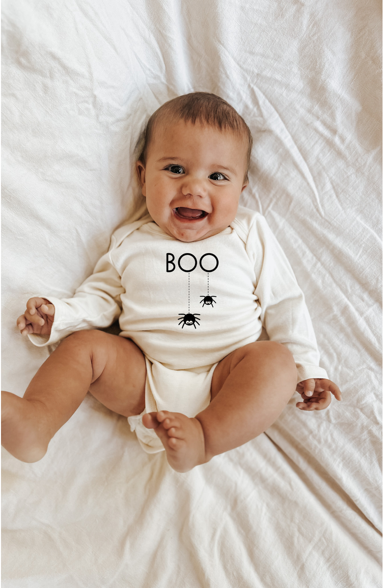 Tenth & Pine Boo - Organic Long Sleeve Baby Bodysuit, Alternate, color, Natural Black Lettering