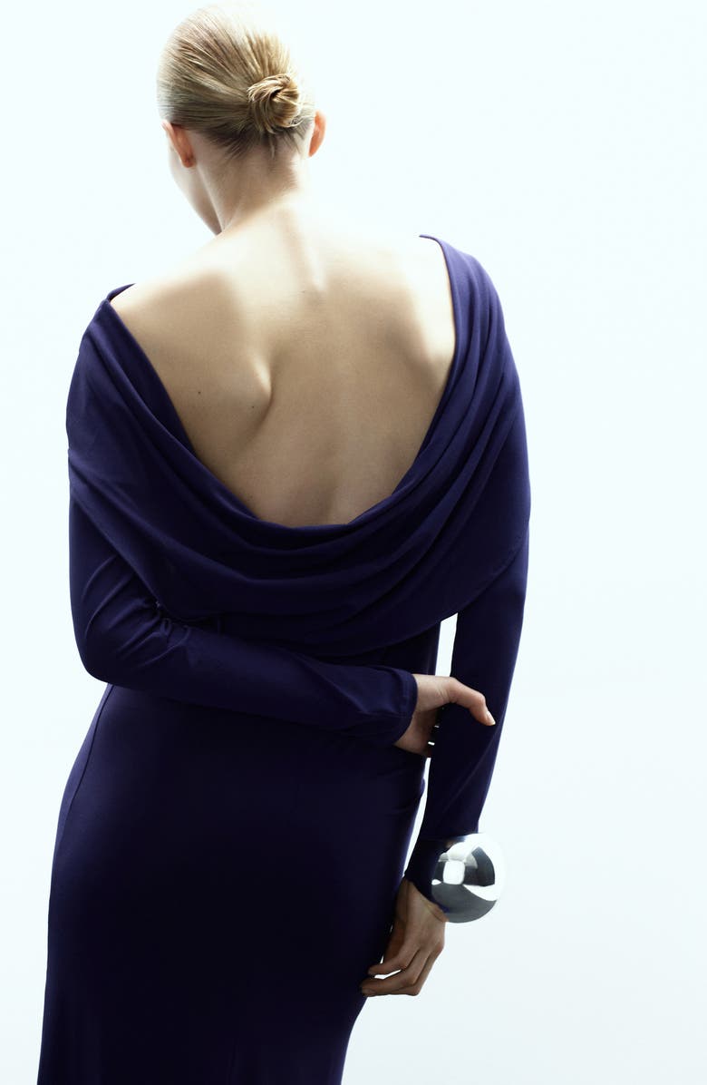 MANGO x Kaia Gerber Long Sleeve Drape Asymmetric Gown, Alternate, color, Blue