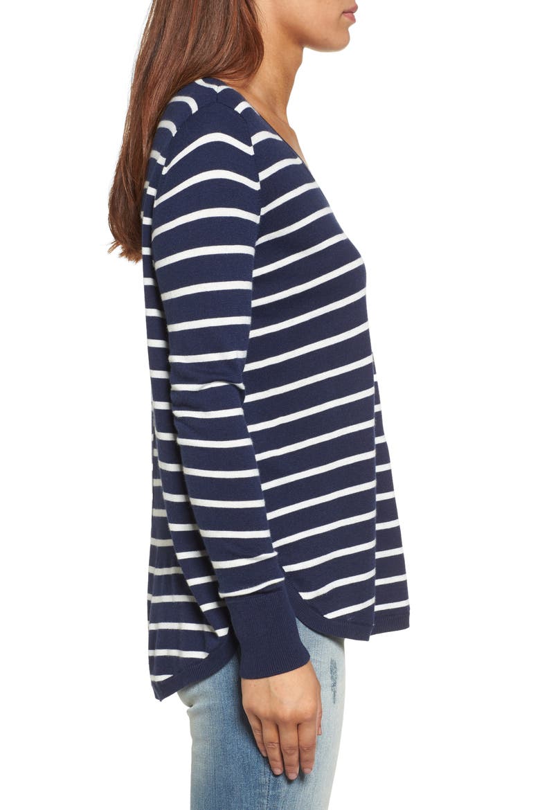High-Low V-Neck Sweater, Alternate, color, NAVY- IVORY STRIPE