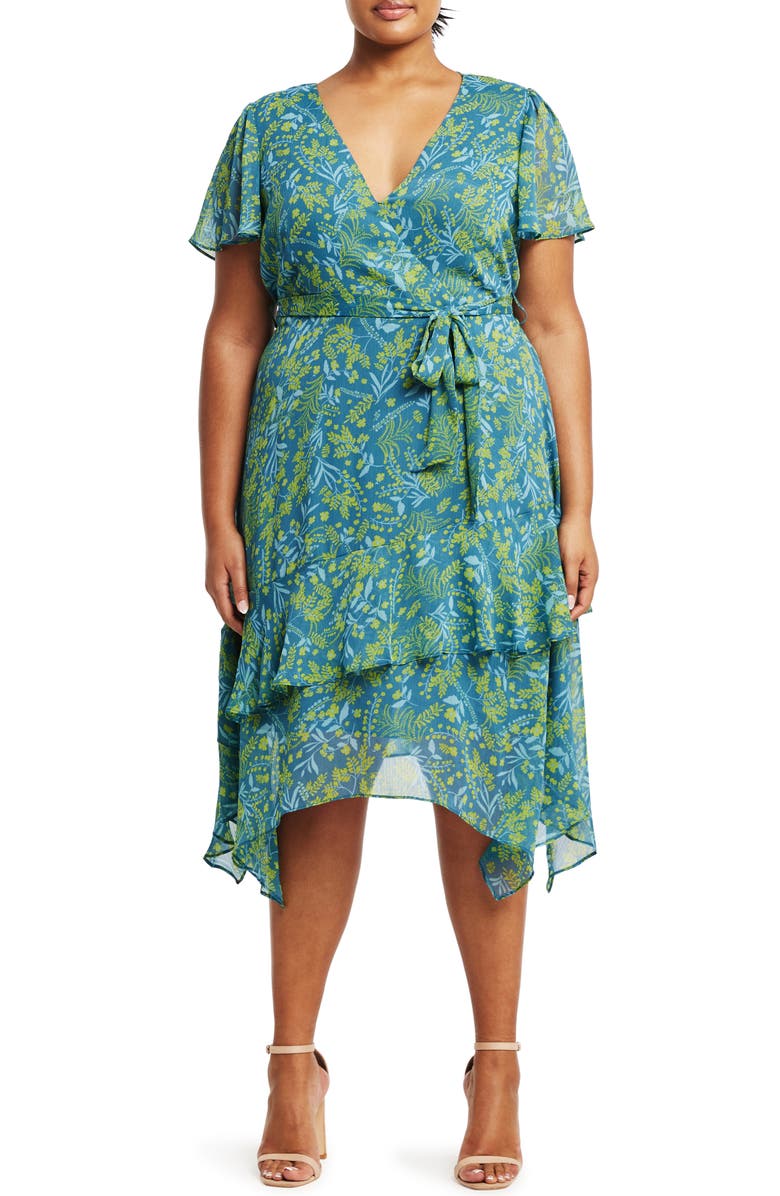 Estelle Beverly Floral Wrap Front Handkerchief Hem Dress, Main, color, 