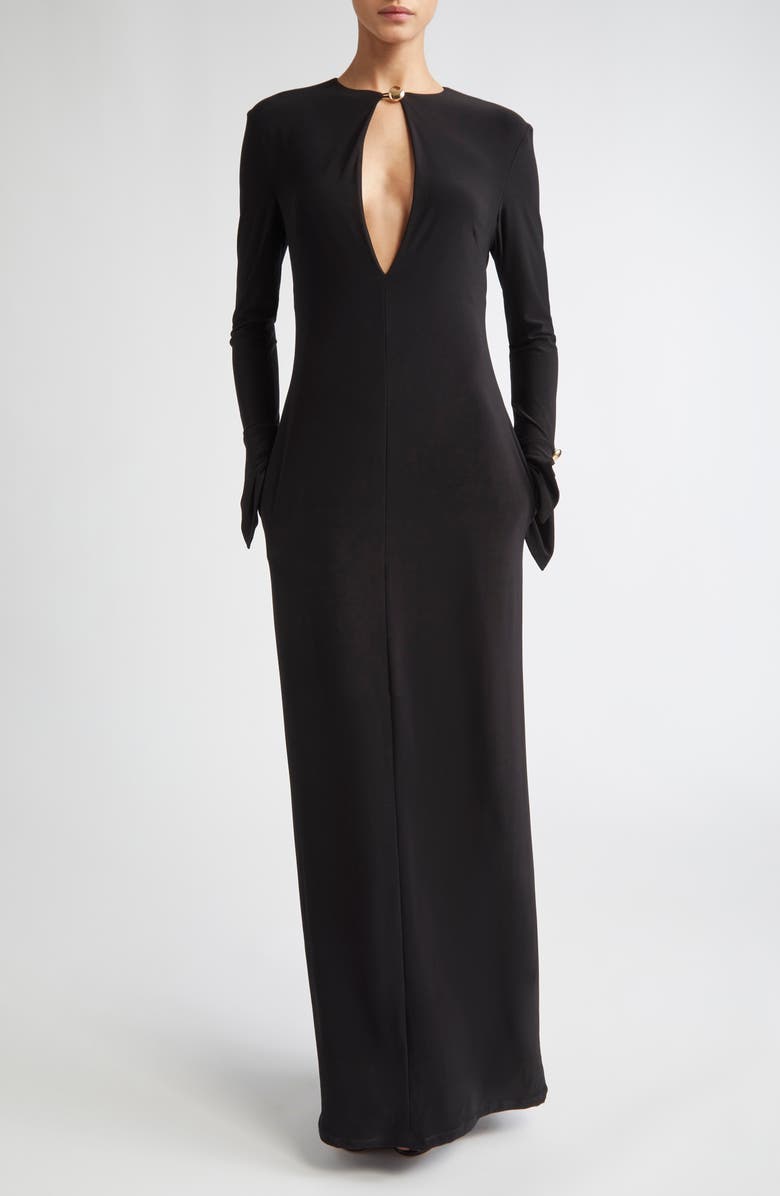 Brandon Maxwell Sylvie Plunge Neck Long Sleeve Gown, Main, color, Black