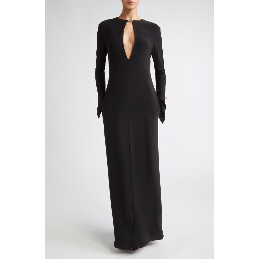 Brandon Maxwell Sylvie Plunge Neck Long Sleeve Gown