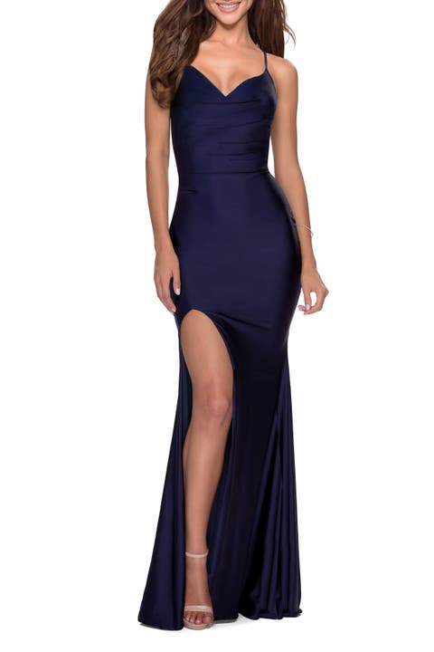 Form Fitting Jersey Prom Dress with Draped Neckline