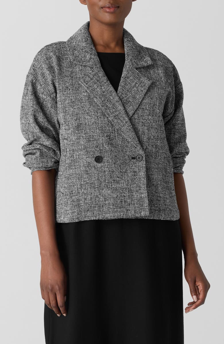 Eileen Fisher Double Breasted Stretch Organic Cotton Short Blazer, Main, color, Black/ White