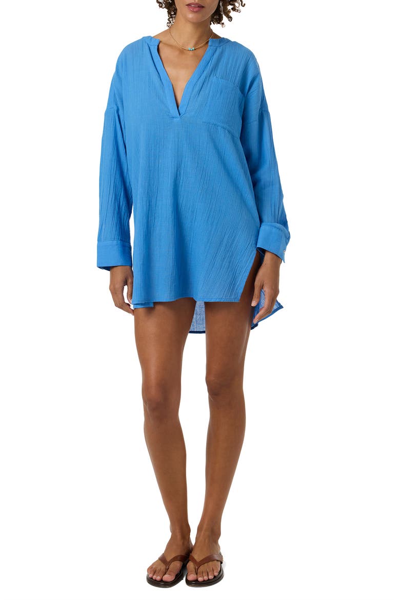 Belizin Long Sleeve Semisheer Cotton Cover-Up Tunic, Main, color, BLUE