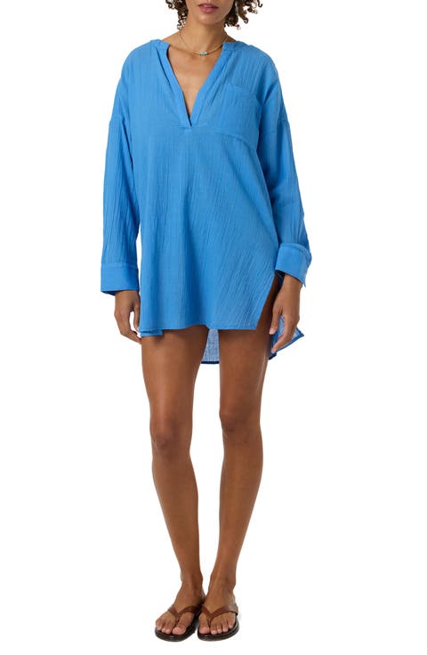Belizin Long Sleeve Semisheer Cotton Cover-Up Tunic