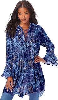 Roaman's Hand Crinkled Ruffle Pintuck Tunic