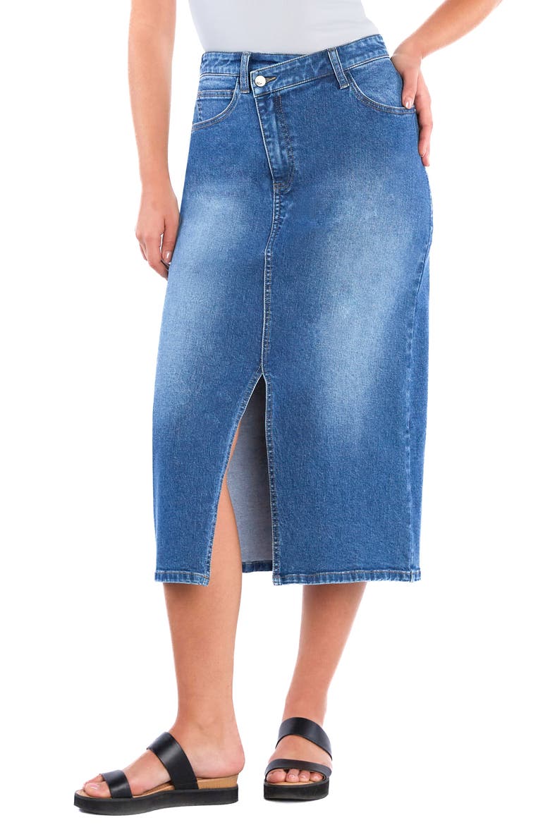 Emmeline Crossover Waist Denim Midi Skirt, Main, color, CROSS BLUE