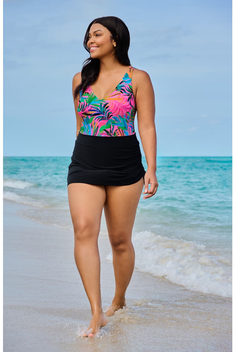 Julie Adjustable Skirt Control Swim Dress, Alternate, color, Amazonian Palms