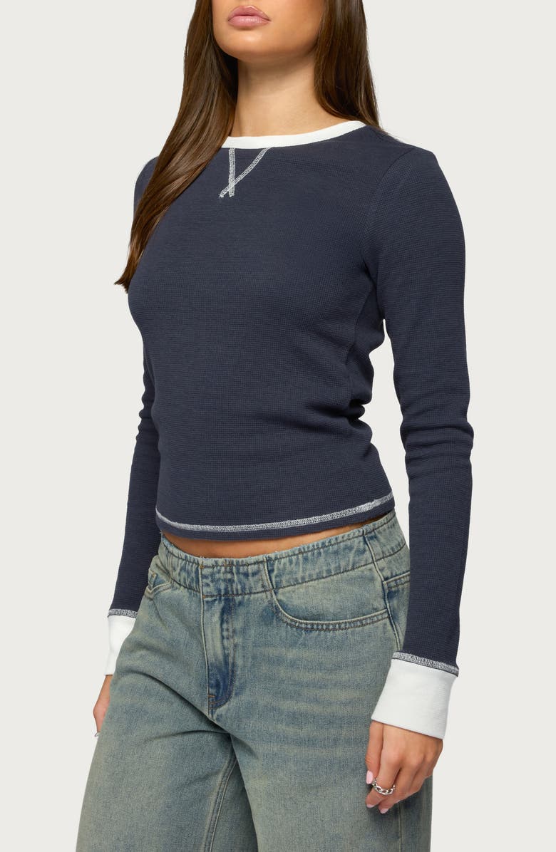 EDIKTED Rora Contrast Trim Cotton Blend Waffle Top, Alternate, color, Navy