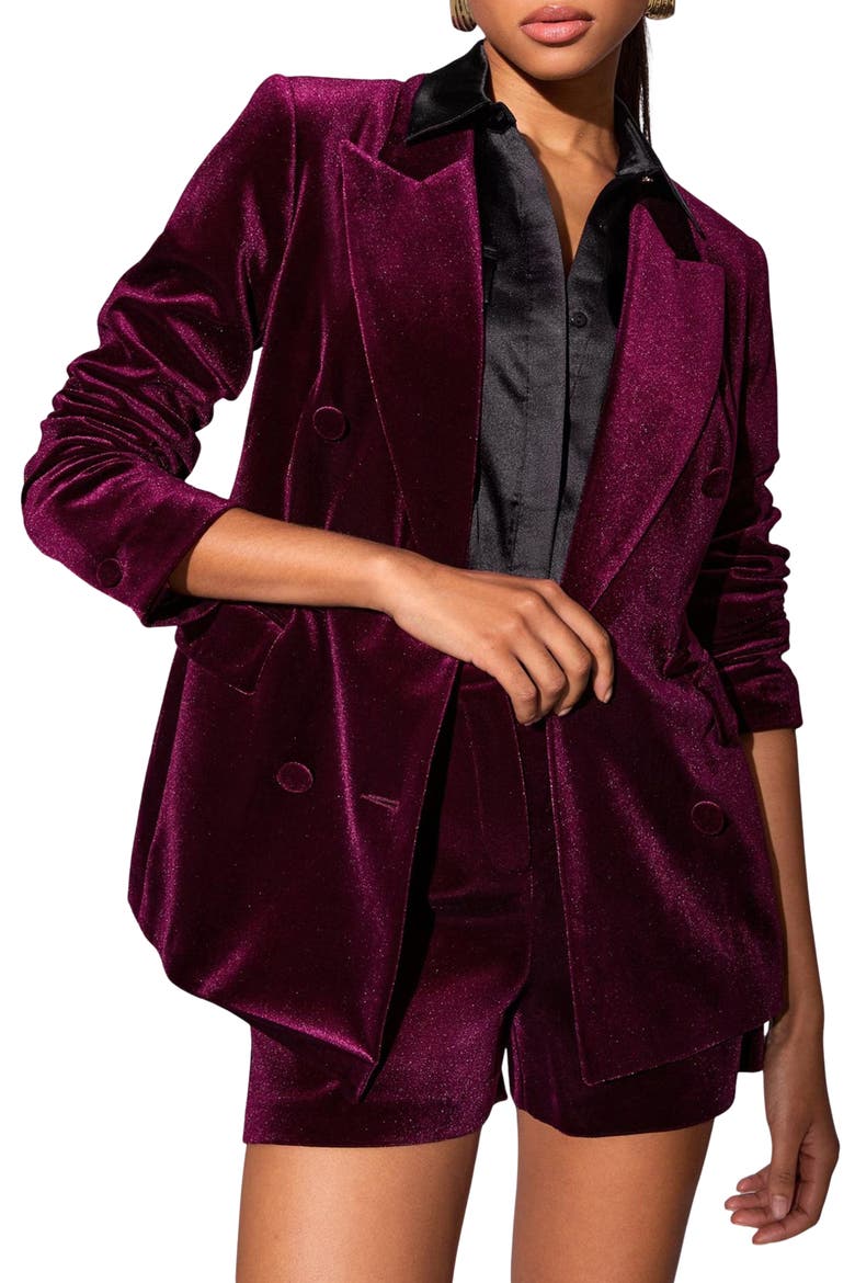 Shimmer Velvet Double Breasted Blazer, Main, color, BERRY RED