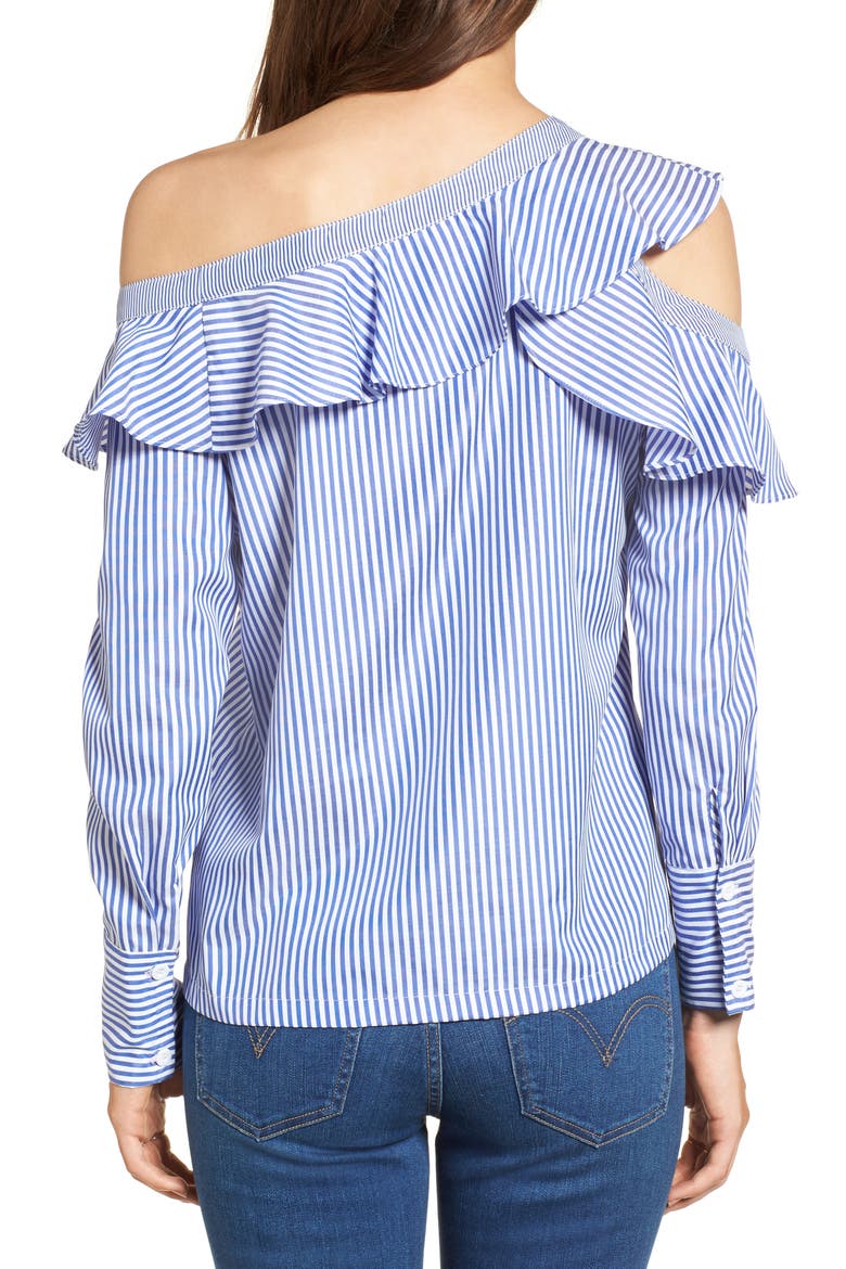 Asymmetrical Open Shoulder Ruffle Top (Nordstrom Exclusive), Alternate, color, BLUE/ WHITE STRIPE