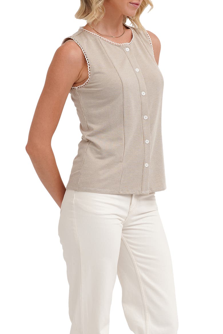 Picot Trim Sleeveless Houndstooth Top, Alternate, color, KHAKI
