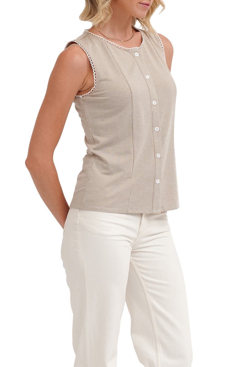CYRUS <p>Picot Trim Sleeveless Houndstooth Top</p>, Alternate, color, Khaki