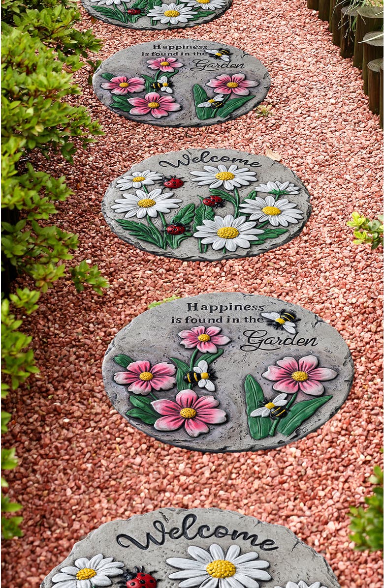 Glitzhome Set of 2 Cement Flower Textured Stepping Stones, Alternate, color, Grey