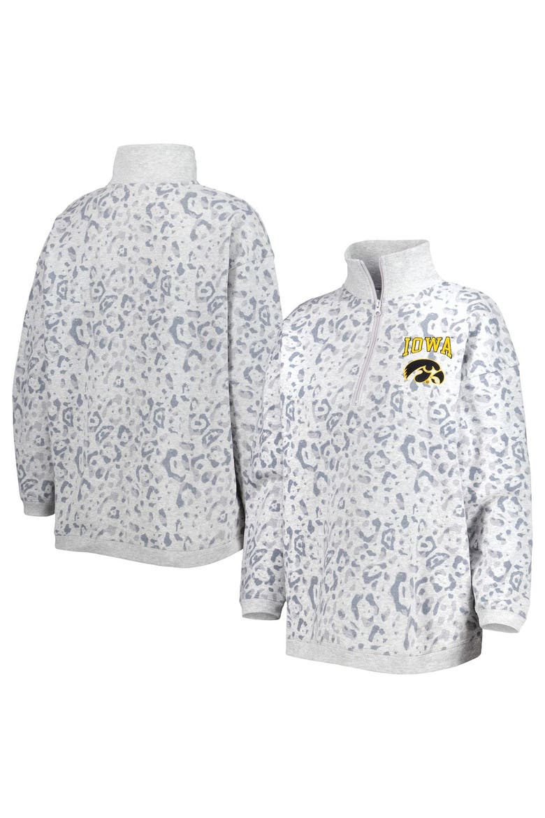 Women's Gameday Couture Heather Gray Iowa Hawkeyes Leopard Quarter-Zip Sweatshirt, Main, color, Heather Gray